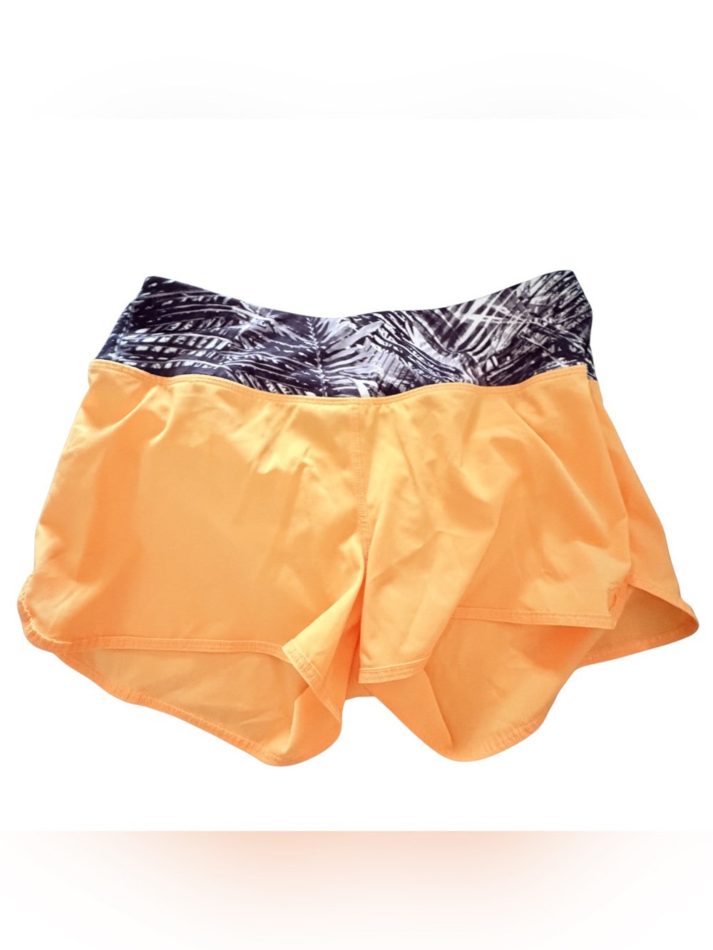 Ideology Women's Orange Athletic Shorts with Black Palm-Print Waistband